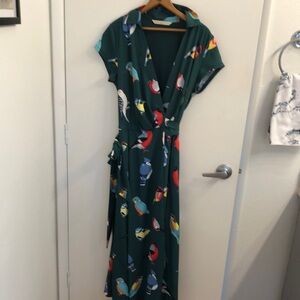 Green Bird Print Wrap Dress